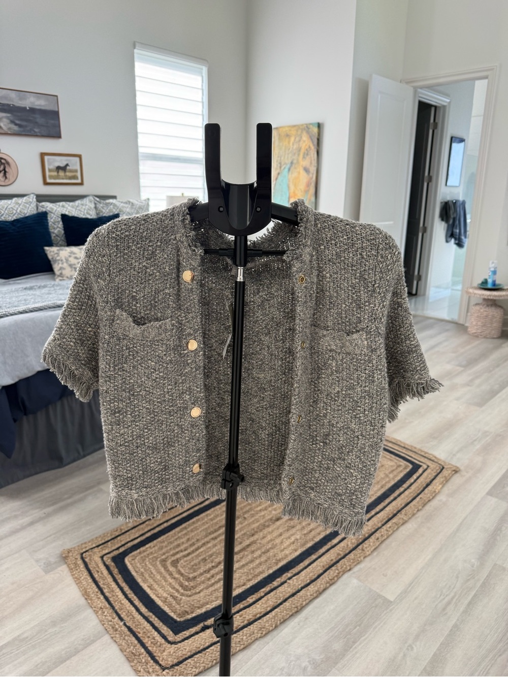 J. Crew Gray Bouclé Fringe Short-Sleeve Jacket - Picture 1 of 4